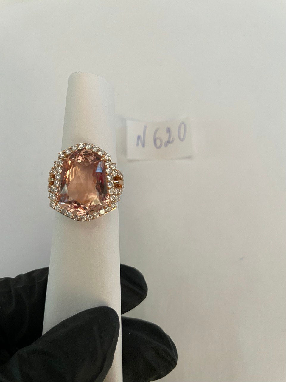 Shield Kite Shape Peach Pink Morganite Diamond Halo 18K Rose Gold Fancy Ring