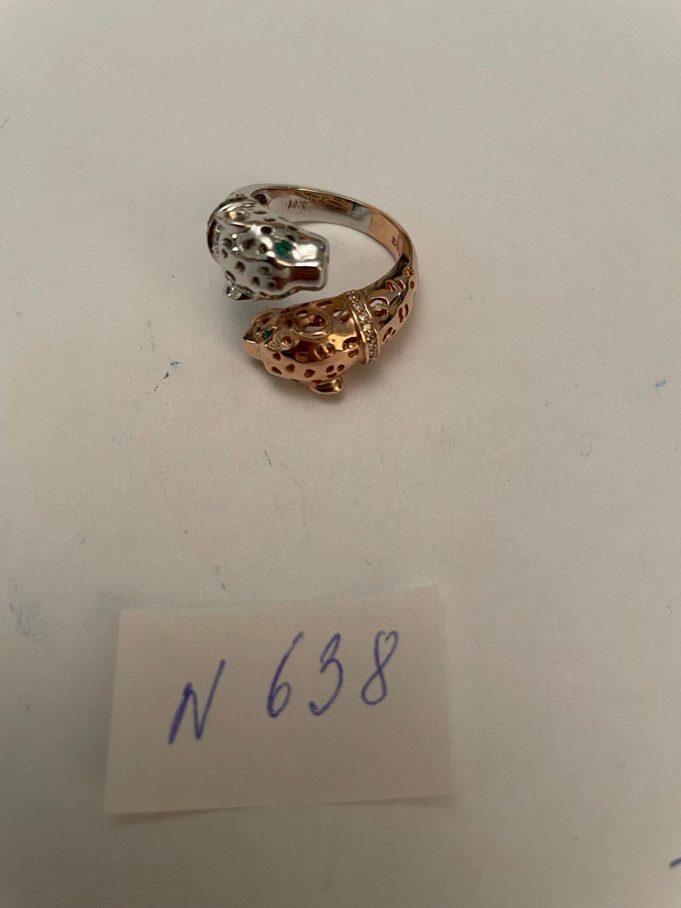 Two Tone Snow Leopard Golden Panther 14K Two Head Rose White Gold Statement Ring