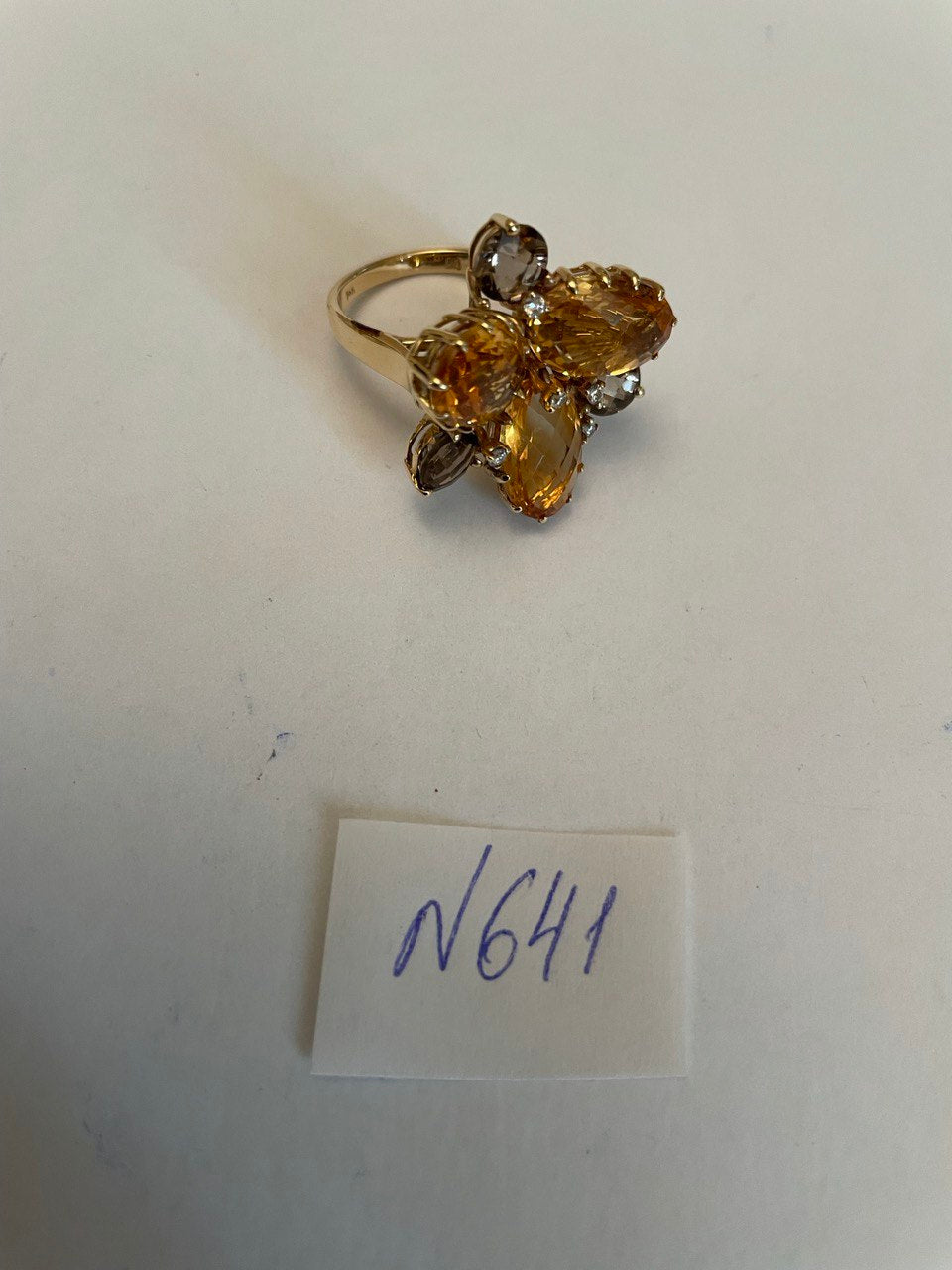 Orange Amber Citrines & Brown Smoky Quartz Yellow Gold Cluster Statement Ring