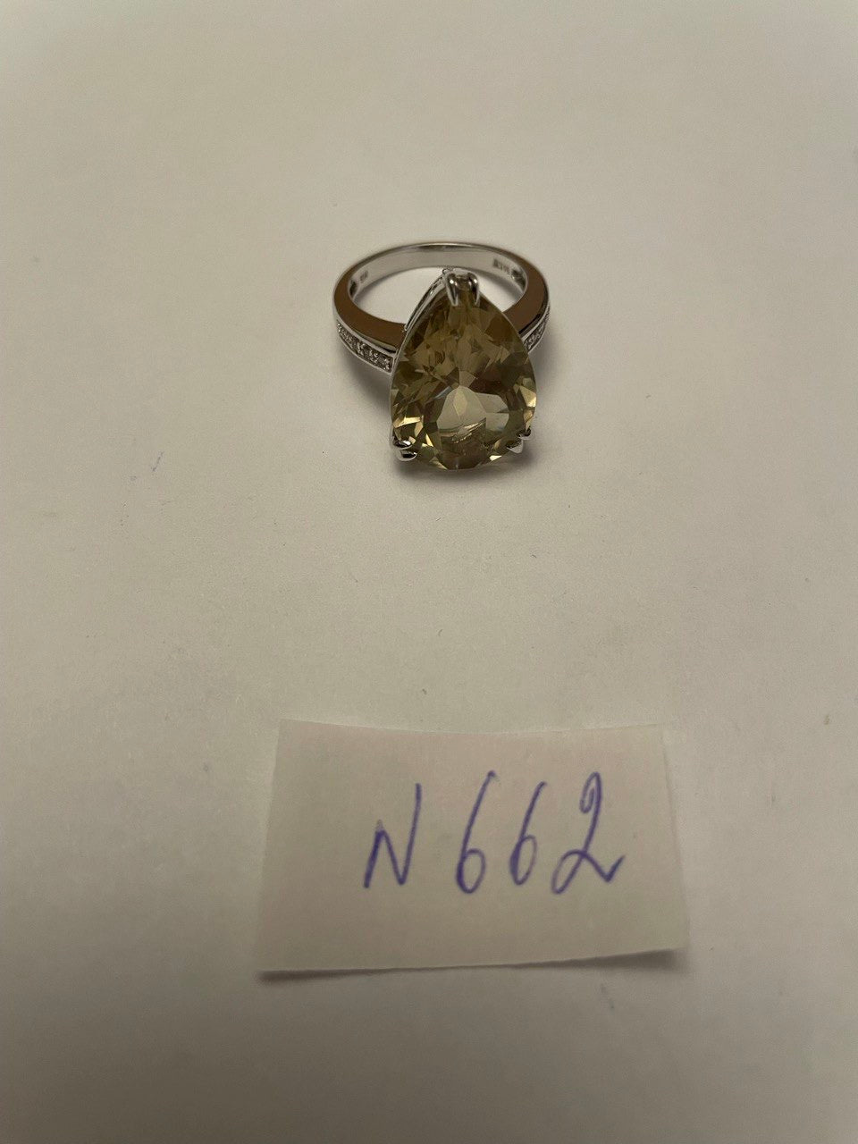 pear teardrop shape yellow lemon quartz diamond channel 14k white gold ring
