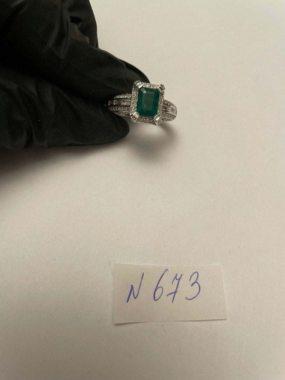 Green Emerald &amp; White Diamonds Pave Set 14K White Gold Statement Unique Ring