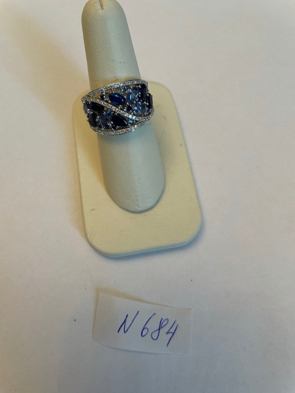 Dark Light Hue Blue Sapphire Cluster Diamond Pave 14K White Gold Band Ring