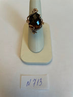 Oval Shape Brown Smoky Quartz Diamonds Halo Scroll Motifs 14K Yellow Gold Ring