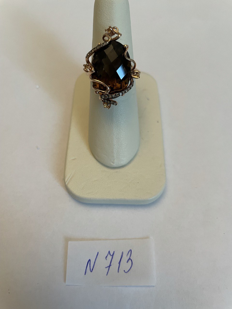 Oval Shape Brown Smoky Quartz Diamonds Halo Scroll Motifs 14K Yellow Gold Ring