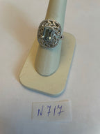 Rectangle Shape Blue Aquamarine & Diamond Halo Pave Set Leaf 14K White Gold Ring