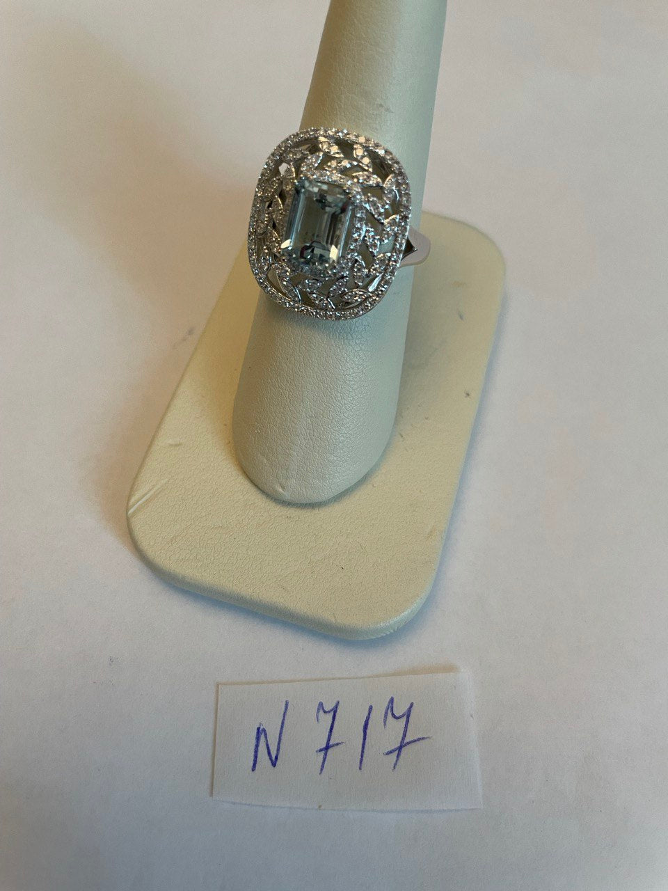 Rectangle Shape Blue Aquamarine & Diamond Halo Pave Set Leaf 14K White Gold Ring