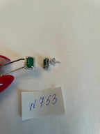 Rectangle Green Emerald Diamond Halo Set 14K White Gold Stud Earrings