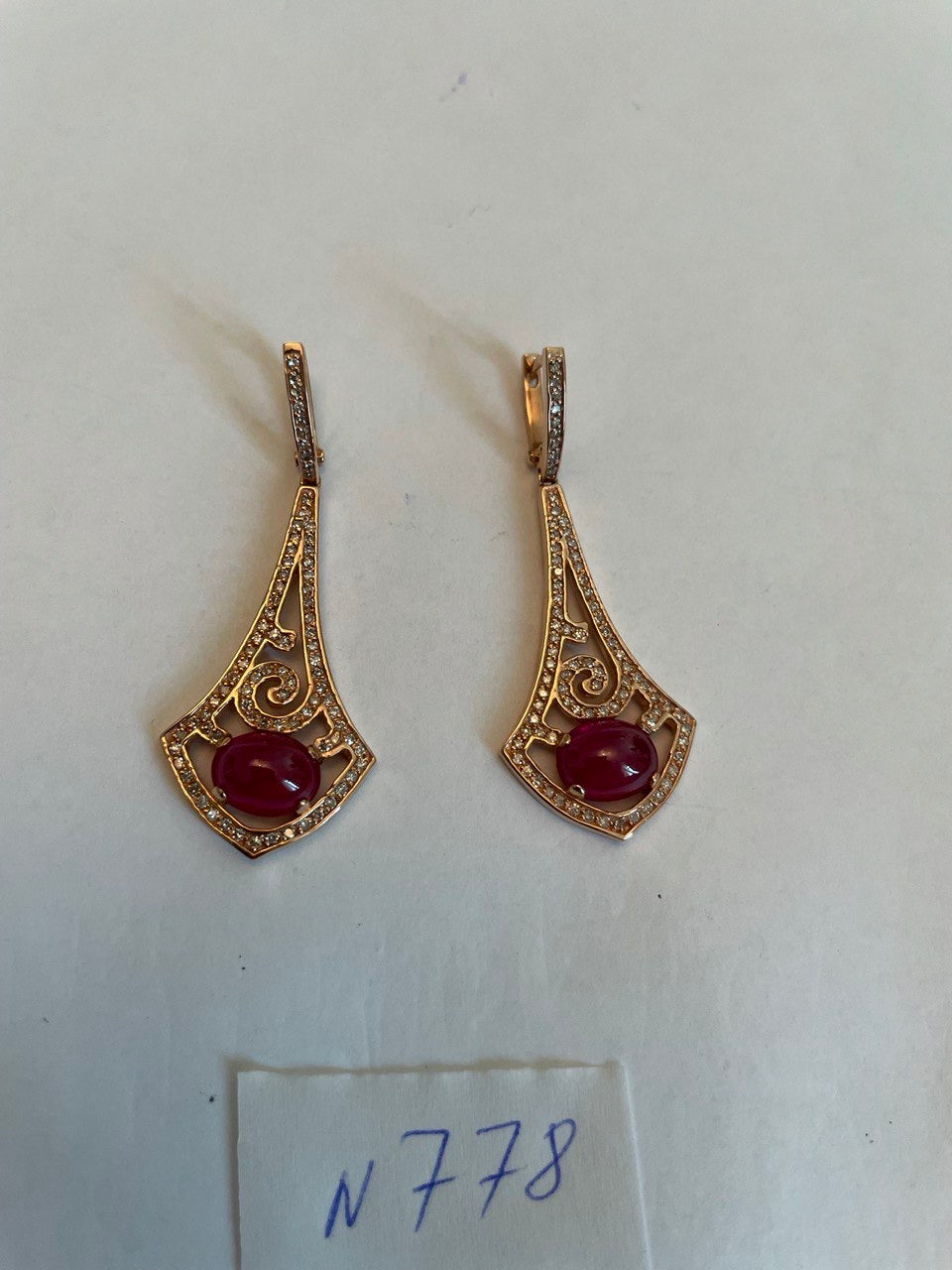 Oval Shape Red Pink Ruby Cabochon 14K White Gold Statement Earrings