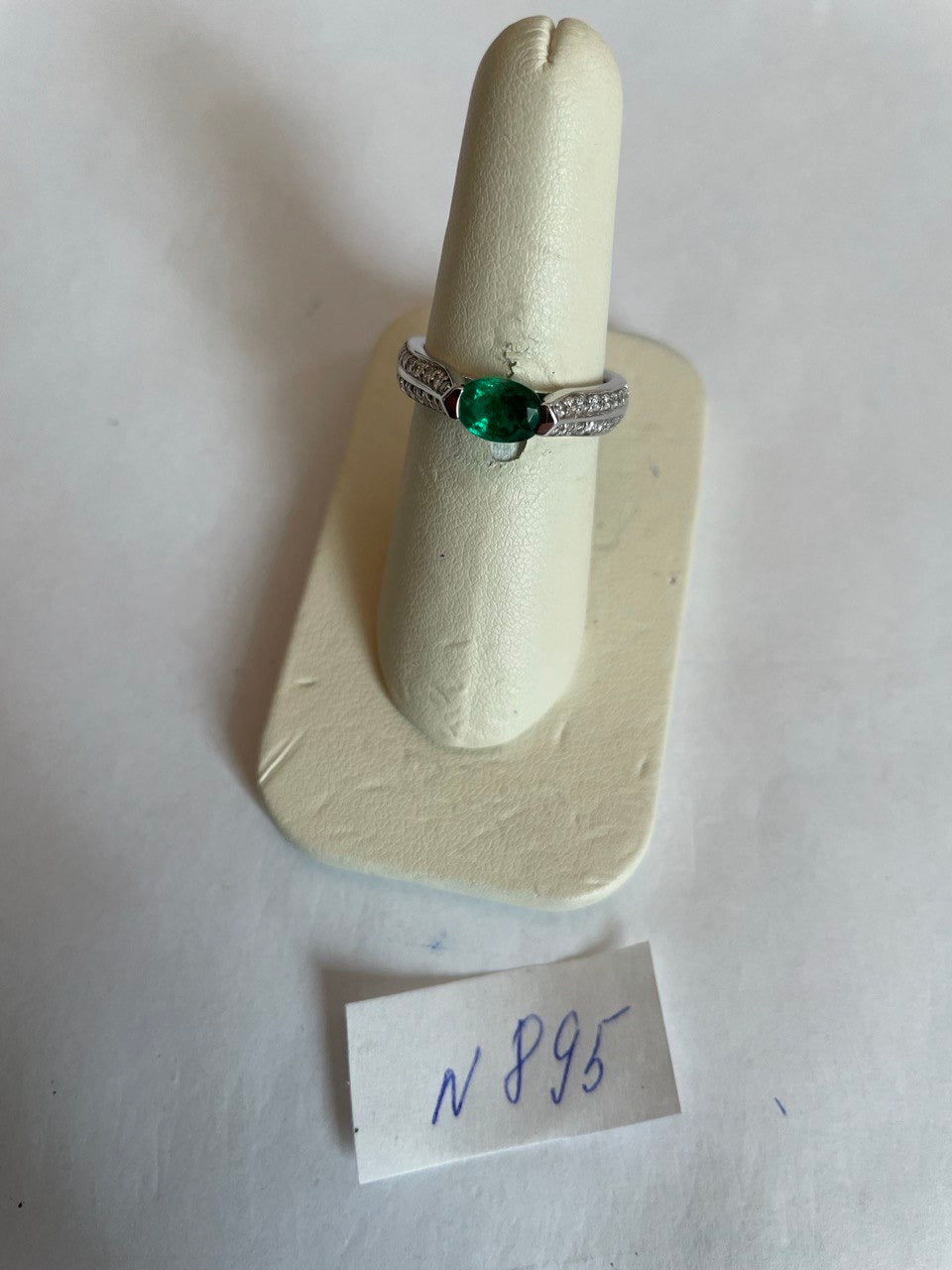 Oval Shape Green Emerald Horizontal Set 14K White Gold Diamonds Pave Ring