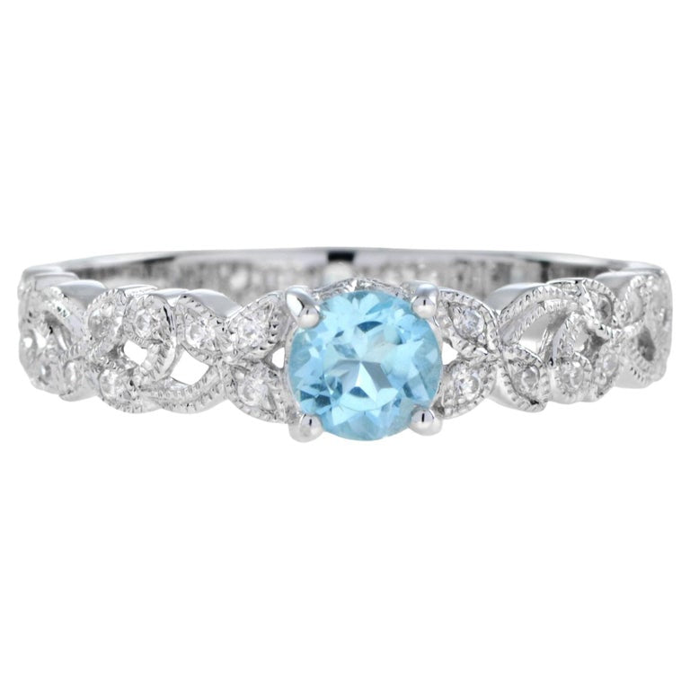One Round Blue Topaz with Diamond Filigree Band Vintage Style White Gold Ring