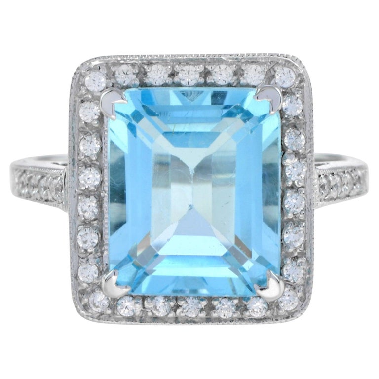 Art Deco Style Emerald Cut Blue Topaz & Diamond Engagement 18K White Gold Ring