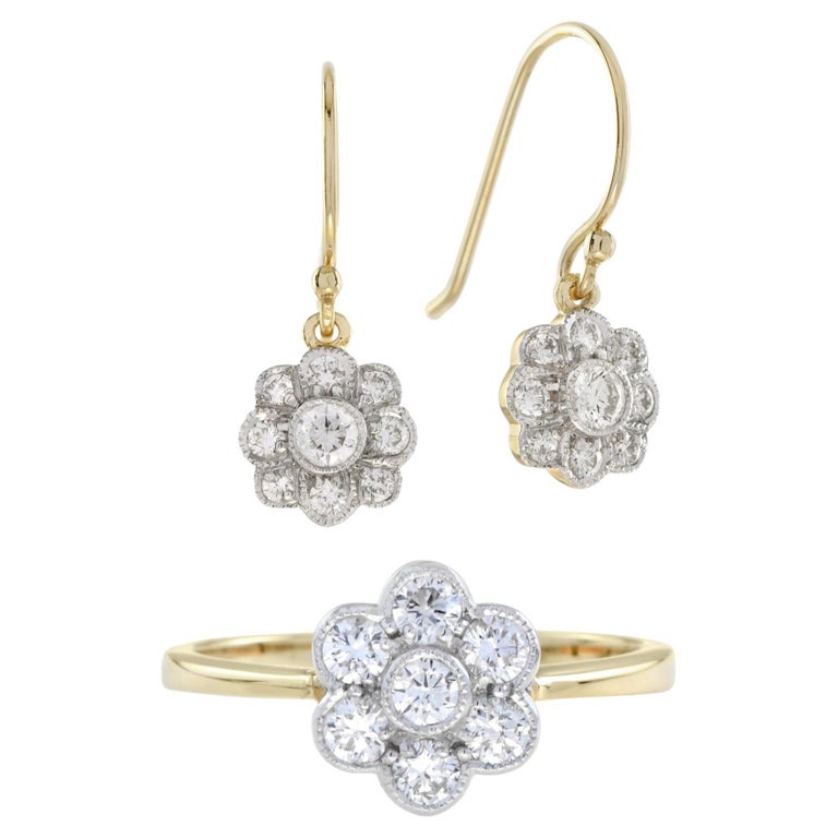Fleur Floral Cluster Diamonds Ring & Earrings 14K Yellow Gold Halo Matching Set