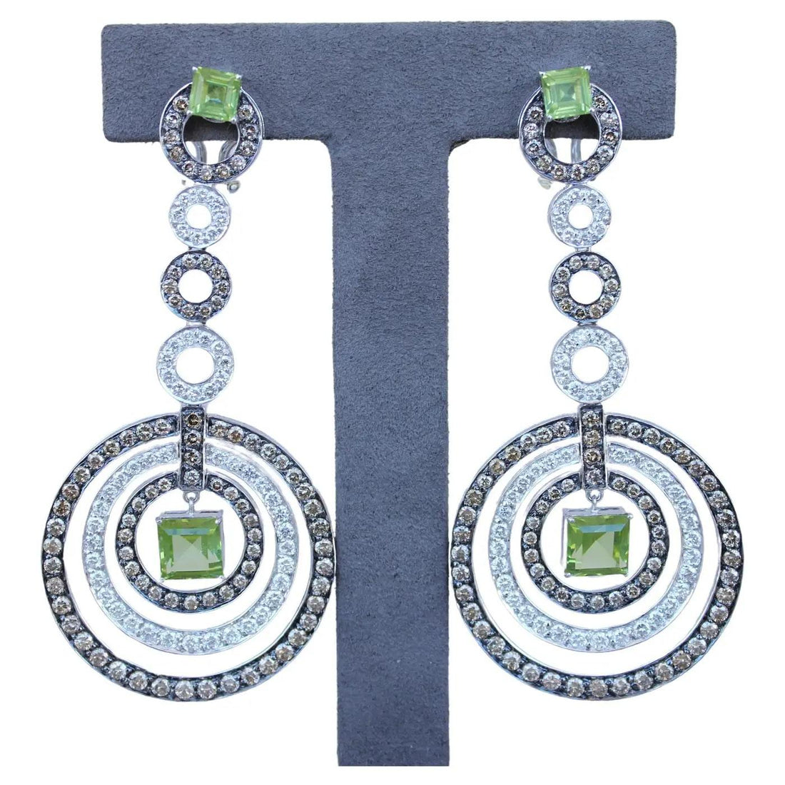 Green Peridot Faceted Square White &amp; Brown Diamond 18K White Black Gold Earrings