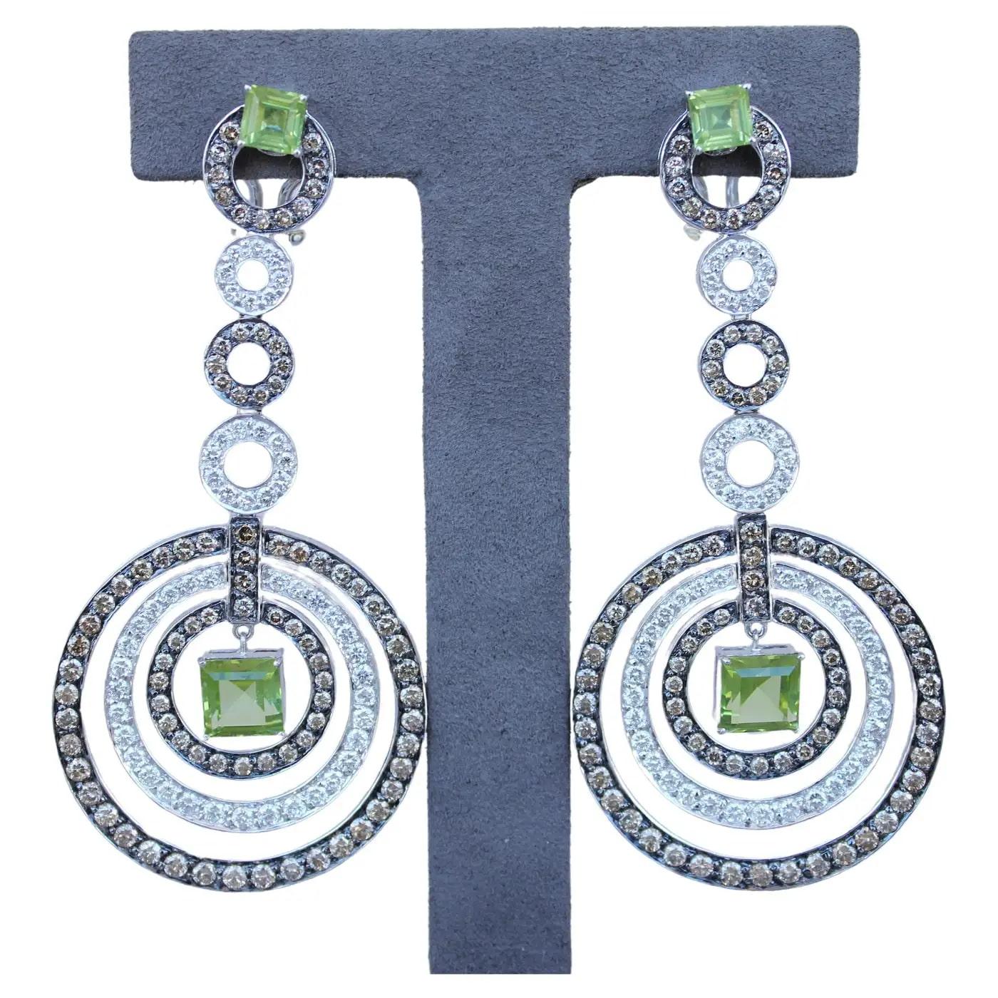 Green Peridot Faceted Square White &amp; Brown Diamond 18K White Black Gold Earrings