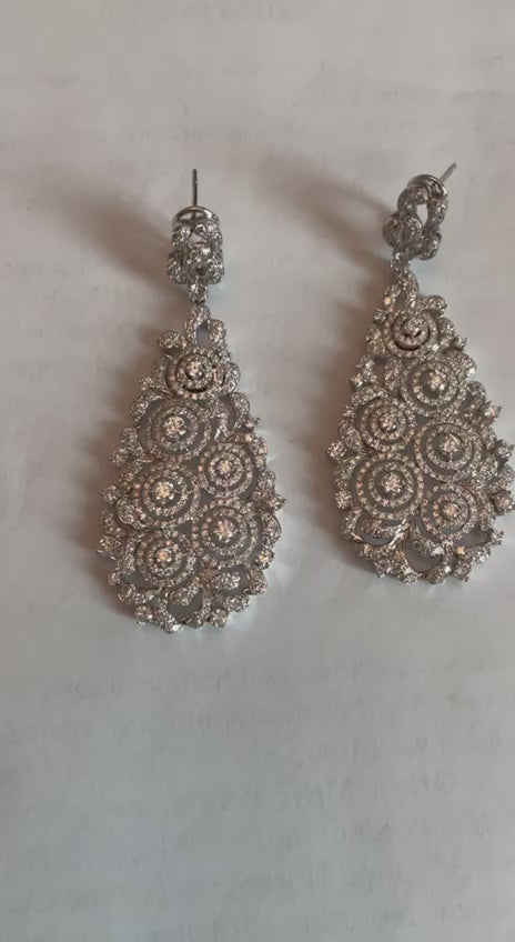 Brilliant White Diamonds Pave Filigree Statement Drop 18K White Gold Earrings
