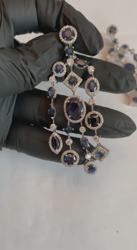Blue Sapphire Fancy Shape White Diamond 18K White Gold Drop Statement Earrings