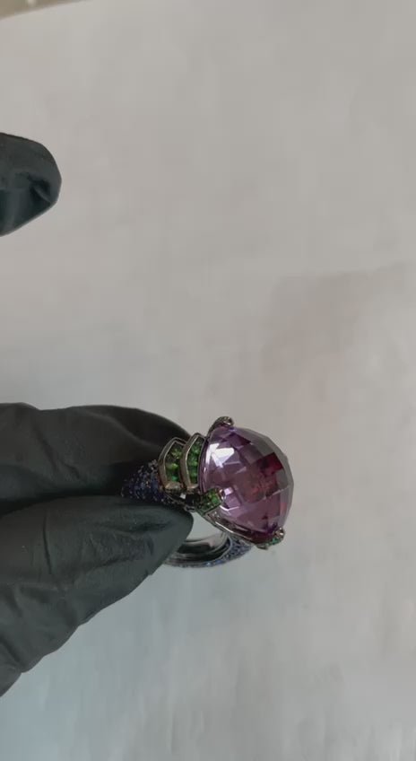 Cushion Shape Purple Amethyst Green Emeralds Blue Sapphire 18K White Gold Ring