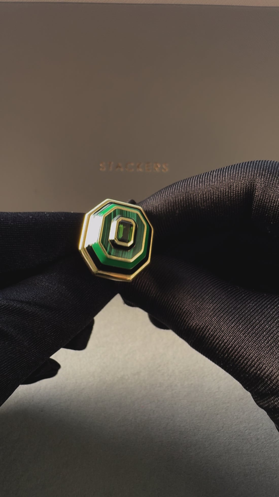 Green Tourmaline Malachite Green Black Enamel 18K Yellow Gold Enamel Unique Ring