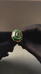 Green Tourmaline Malachite Green Black Enamel 18K Yellow Gold Enamel Unique Ring