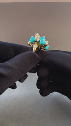Blue Turquoise Diamonds Golden Spheres Balls Christmas Bells Motif 18K Gold Ring