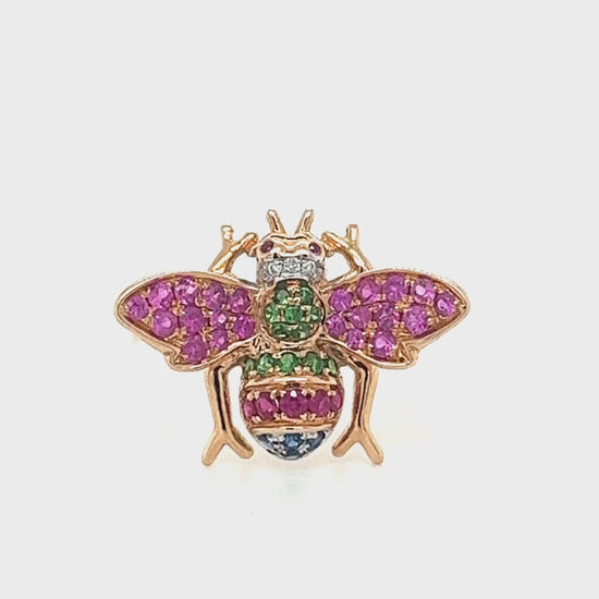 Pink Sapphire & Gemstone & Diamond Pave Bee 18K Rose Gold Animal Ring