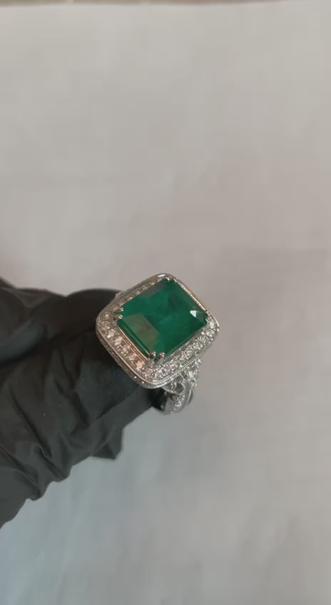 Emerald Cut Shape Emerald Halo Diamond 18K White Gold Classic Statement Ring