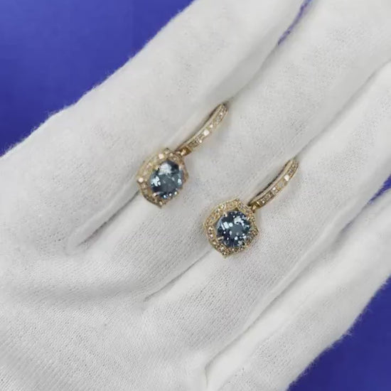 Round Brilliant Cut Blue Topaz Diamond Halo 14 Karat Rose Gold Huggie Drop State