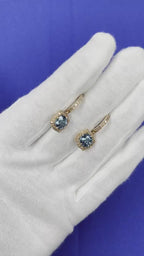 Round Brilliant Cut Blue Topaz Diamond Halo 14 Karat Rose Gold Huggie Drop State