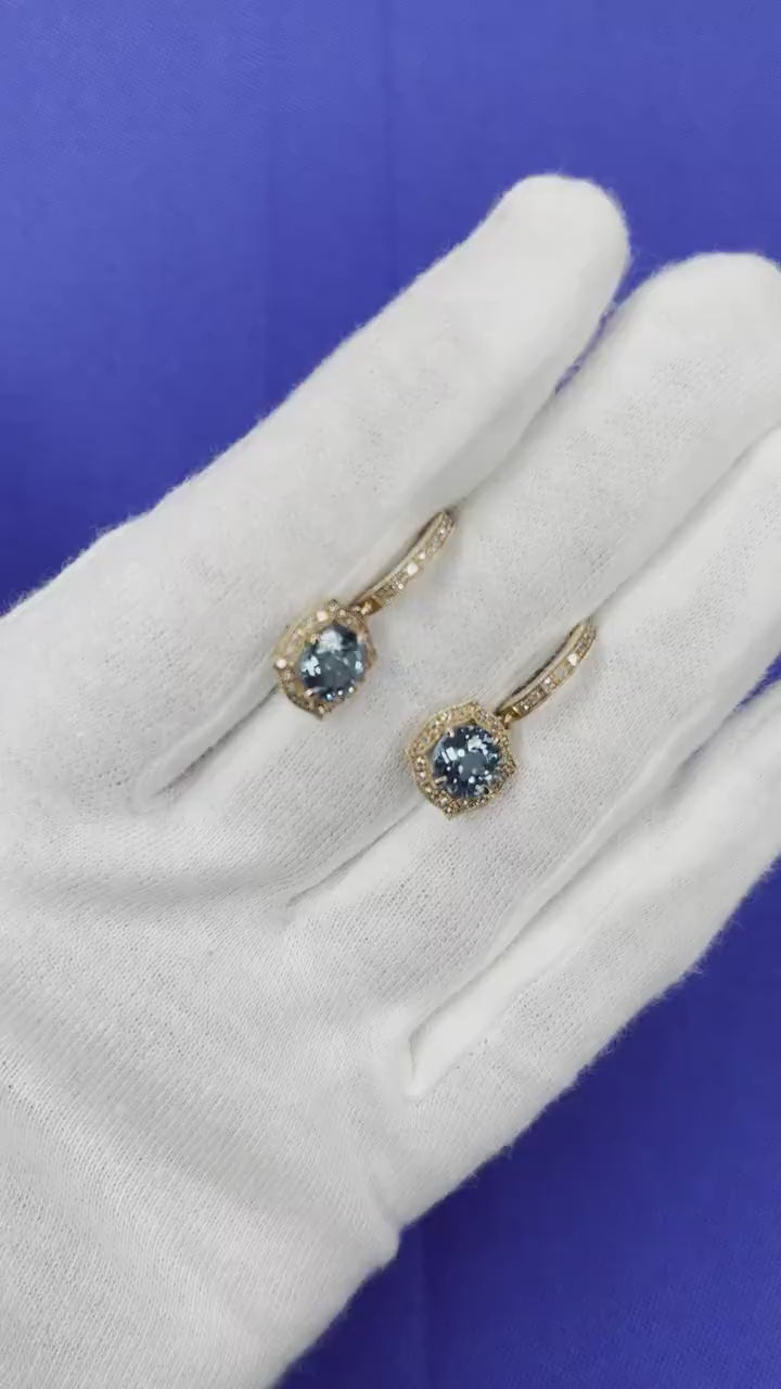 Round Brilliant Cut Blue Topaz Diamond Halo 14 Karat Rose Gold Huggie Drop State