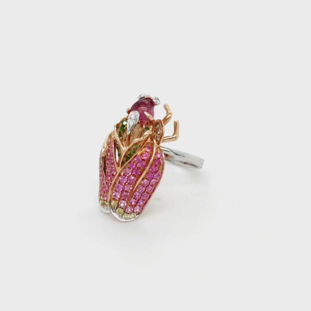 Multicolor Gemstone & Diamond Pave Fly Bug 18K Rose Gold Animal Ring