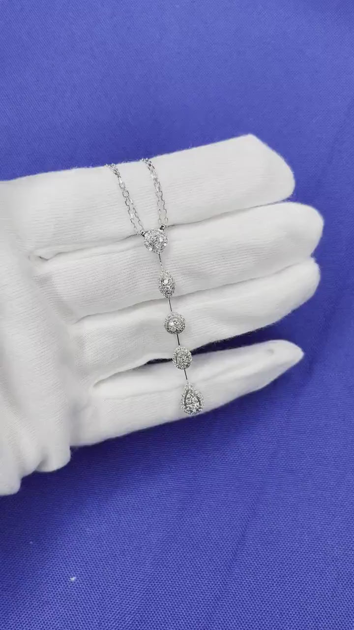 Multi Shape Halo Pave Diamond 18 Karat White Gold Pendant Drop Lariat Necklace