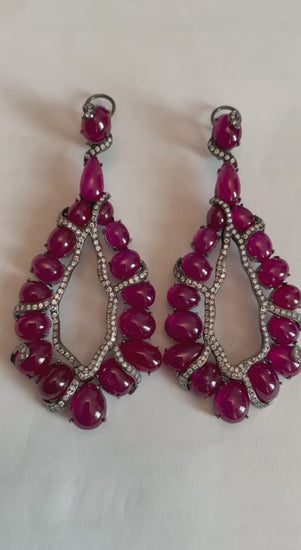 Fancy Shape Red Ruby Cabochons White Diamonds 18 Karat White Black Gold Earrings