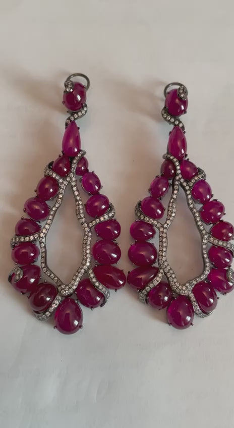 Fancy Shape Red Ruby Cabochons White Diamonds 18 Karat White Black Gold Earrings