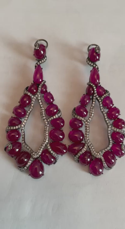 Fancy Shape Red Ruby Cabochons White Diamonds 18 Karat White Black Gold Earrings