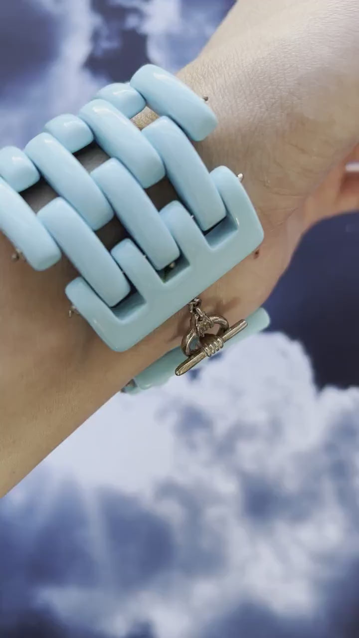 Teal Blue Turquoise Fancy Cabochon Elongated Link Wide Unique Statement Bracelet