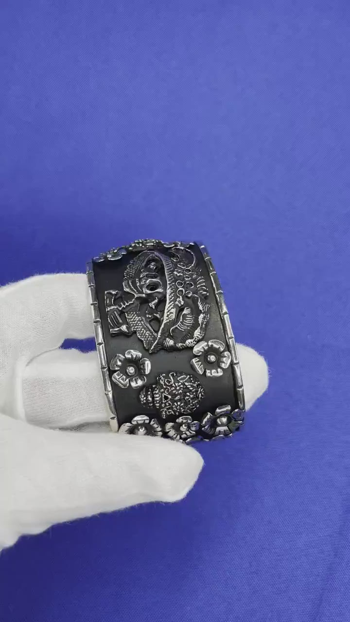 Pirate Flower Black Goth Art Hardy 925 Sterling Silver Wide Chunky Black Cuff Ba