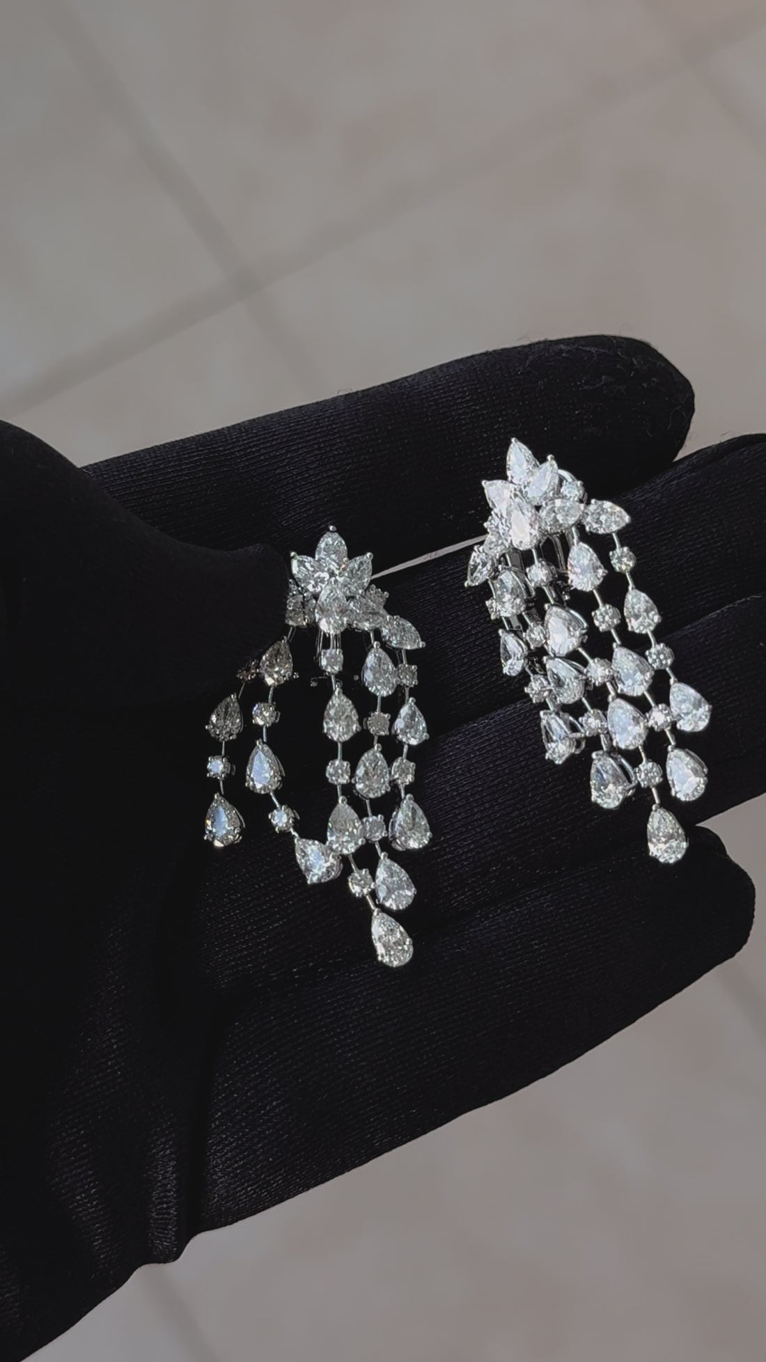 Fancy Shape Pear Round Brilliant Cut Chandelier 18K White Gold Drop Earrings
