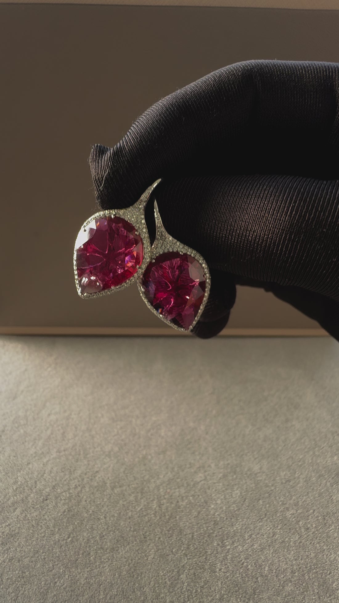 Fancy Pear Tear Drop Pink Red Rubellite Diamond Pave 18K White Gold Earrings