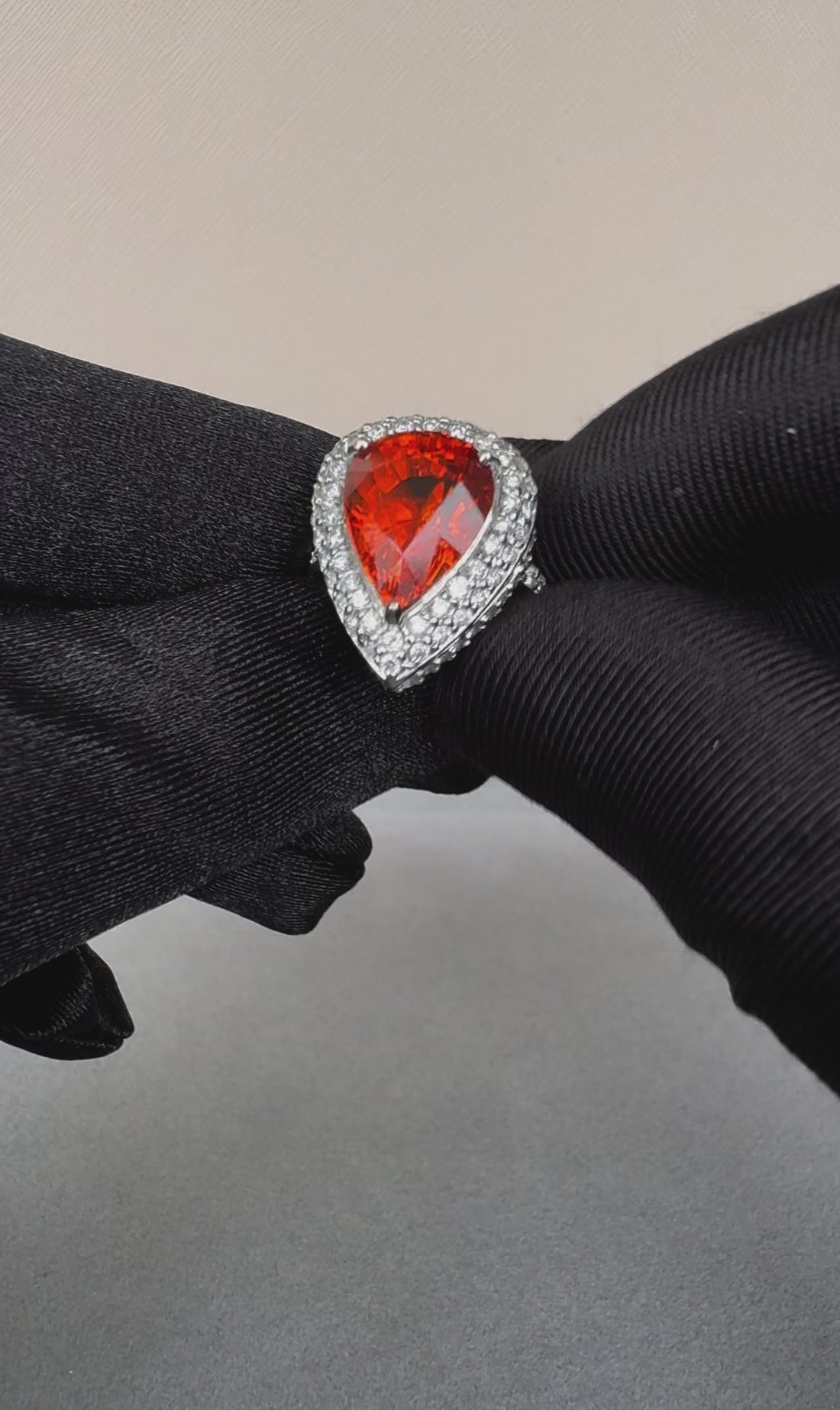 Mandarin Garnet Spessartine Pear Drop Shape Diamond Halo Pave White Gold Ring