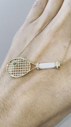 Tennis Racket White Mother of Pearl Handle Green Emerald Tennis Ball Jewelry 18 