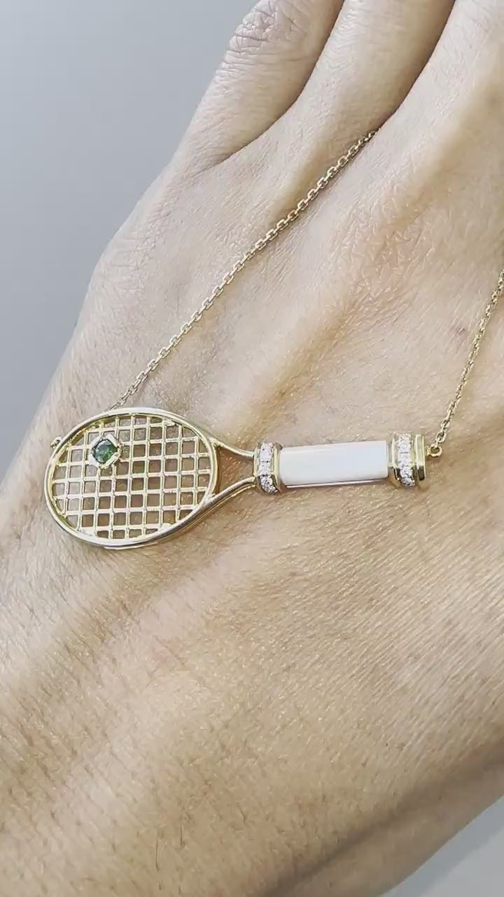 Tennis Racket White Mother of Pearl Handle Green Emerald Tennis Ball Jewelry 18 
