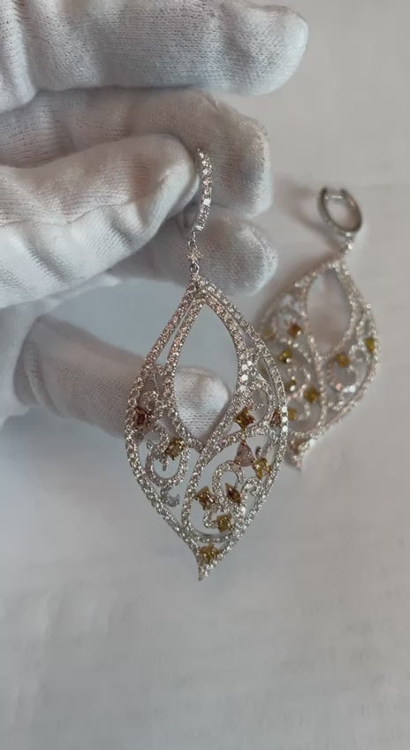Fancy Color & White Diamond Fancy Elegant 18K White Gold Statement Drop Earrings