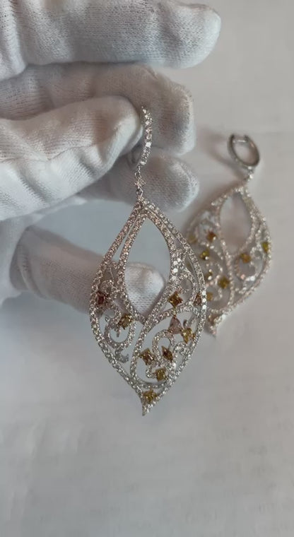 Fancy Color & White Diamond Fancy Elegant 18K White Gold Statement Drop Earrings