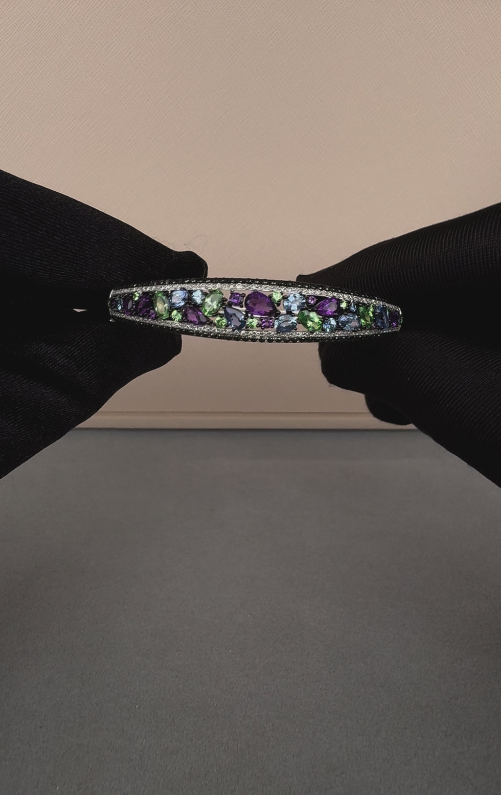 Diamonds Multi Fancy Shape Multi Color Gemstones 14K White Gold Bangle Bracelet