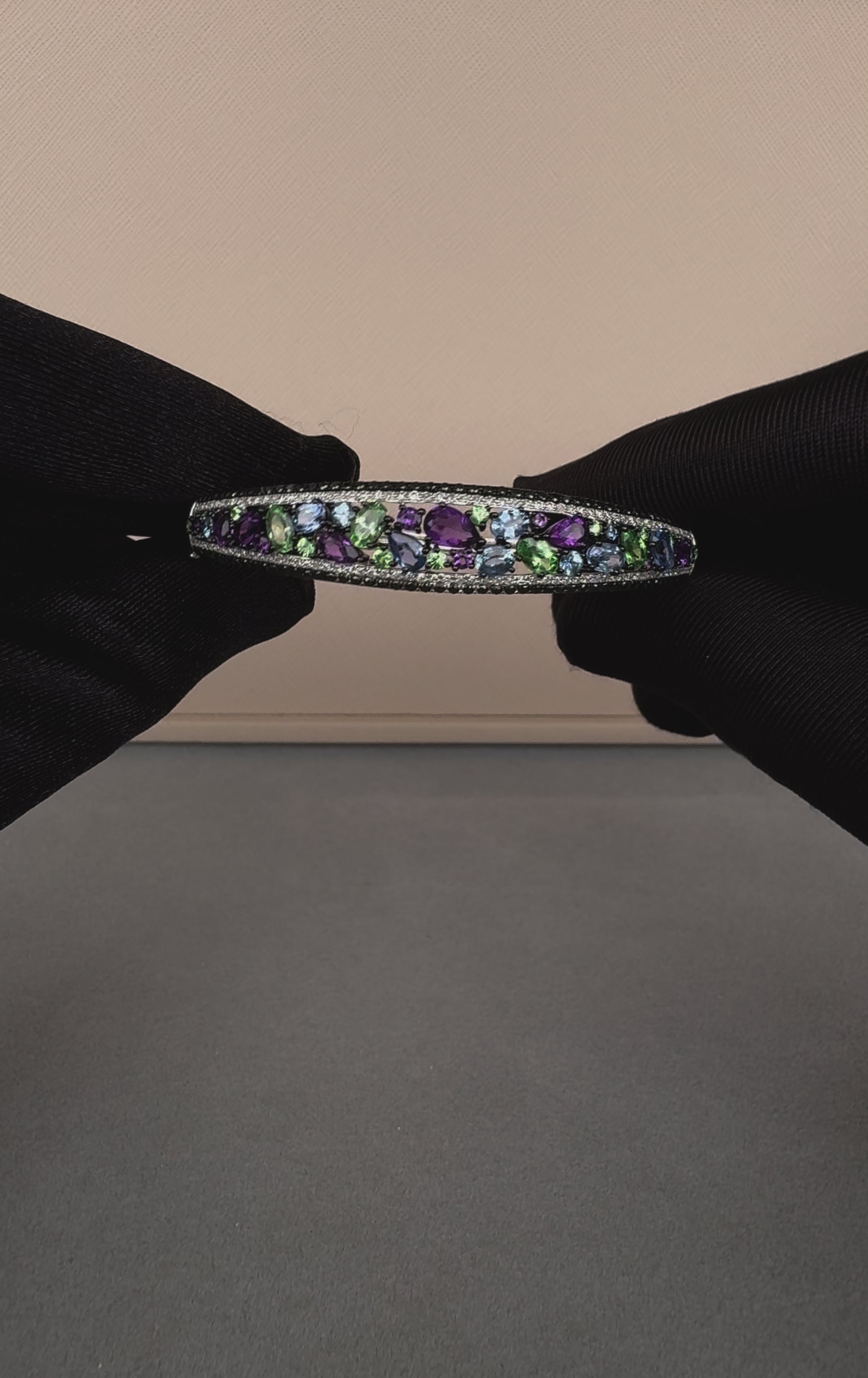 Diamonds Multi Fancy Shape Multi Color Gemstones 14K White Gold Bangle Bracelet