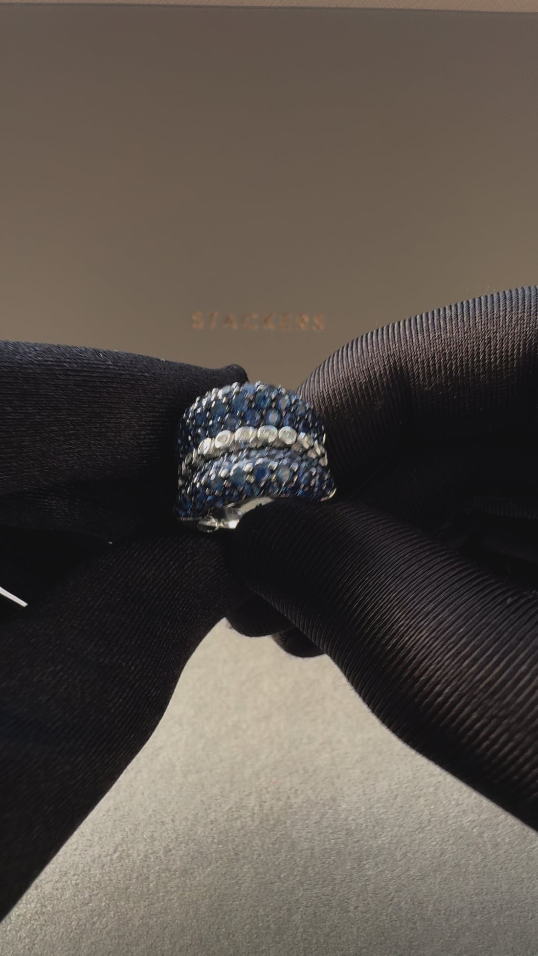Round Diamond Bezel Set Blue Sapphire Pave Set 18 Karat White Gold Unique Ring