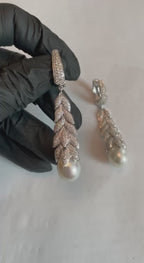 White South Sea Diamond Brilliant Cut Pave 18 Karat White Gold Drop Earrings