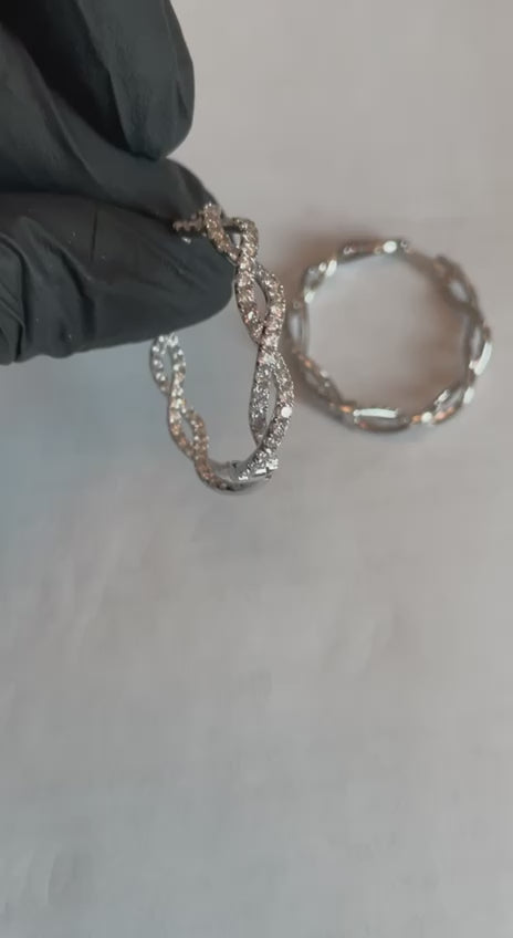 Medium Diamond Hoop Eternity Twist Wave 18K White Gold Statement Drop Earrings