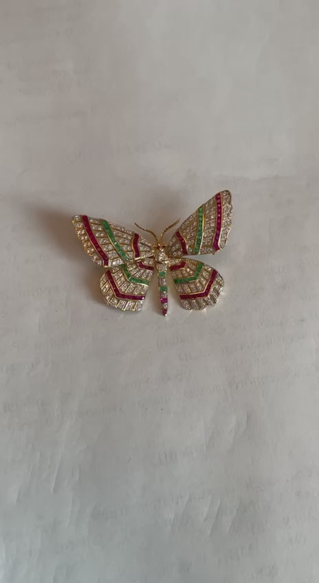 Butterfly Brooch Pin 18K Yellow Gold Diamond Emerald Ruby Channel Set Statement