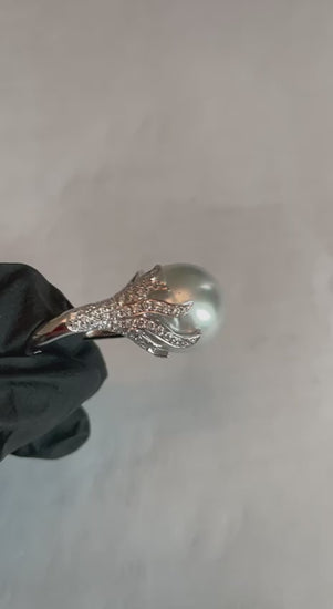 South Sea White Pearl Diamonds Pave Set 18K White Gold Statement Classic Ring